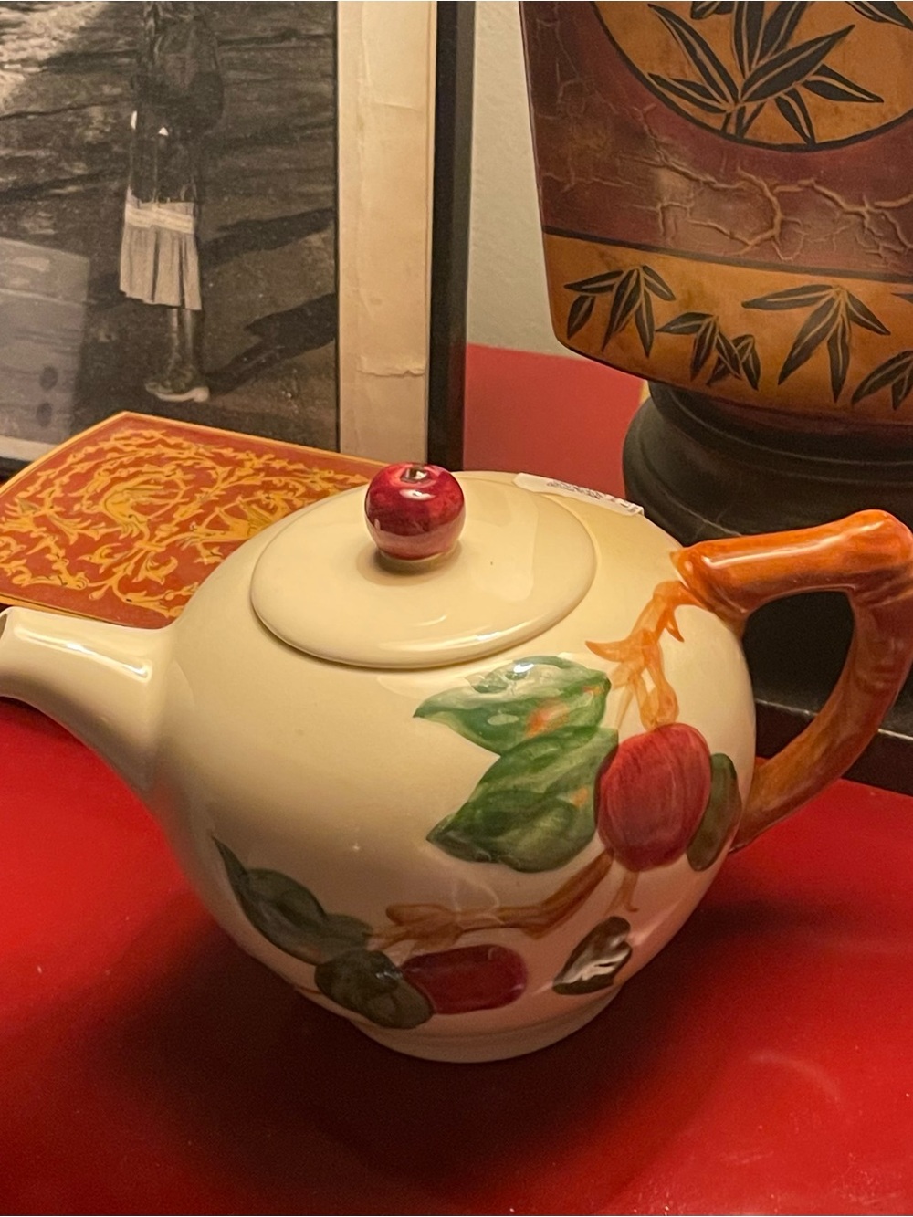Franciscan Cream Ceramic Teapot with Red Fruit and Green Leaves